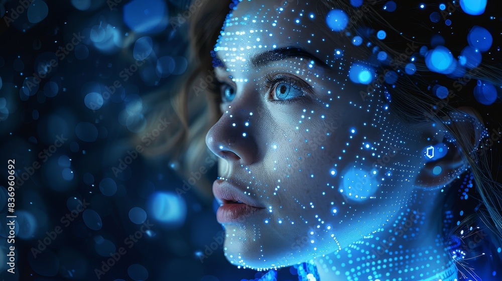 Poster A beautiful woman surrounded in the style of digital data and code, a blue glow in the background, close up portrait, black background. Generative AI.
