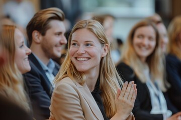 Obraz premium A side view of a diverse group of business people clapping and smiling at an event, showcasing camaraderie and success.