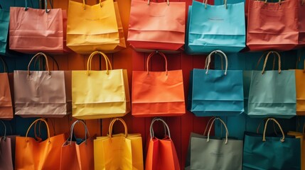 Naklejka premium A collage of shopping bags overflowing with deals and discounts, symbolizing the abundance of savings awaiting customers.