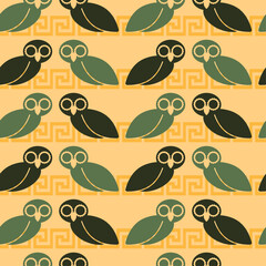Seamless pattern with elements greek ancient signs. The sign of Athena is the owl. Vector illustration