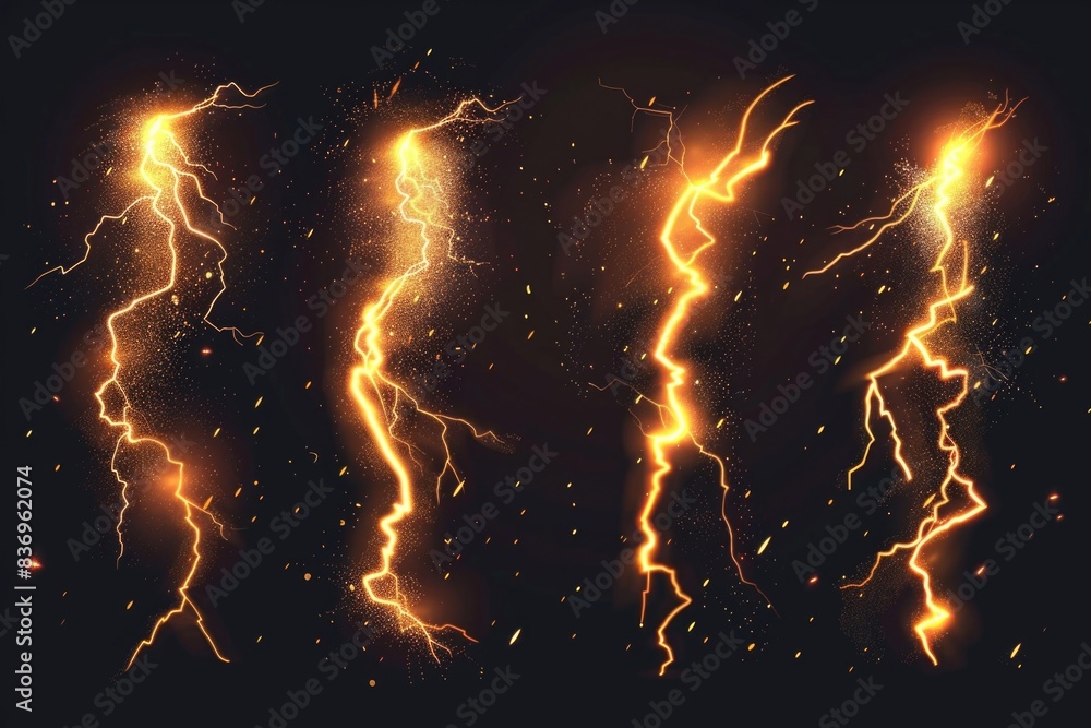 Poster lightning bolts illuminated on a dark black background, ideal for use in science or technology relat