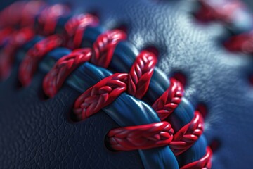 A detailed view of a red and blue baseball glove, ideal for sports or equipment-related usage