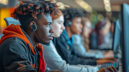 Obraz premium Diverse students using computers to learn about big data and machine learning