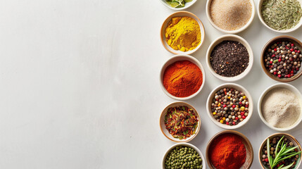Top-Down View of Aromatic Spices in Ceramic Dishes on Modern White Table