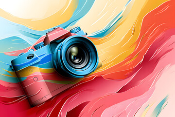 Colorful abstract illustration of a camera celebrating World Photography Day, highlighting creativity and the art of photography