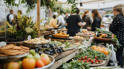 Illustrate ethical food sourcing events with local farmers and producers showcasing their products