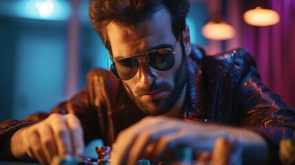 A person wearing sunglasses plays a game of poker, great for use in articles about leisure activities or as a representation of fun and entertainment