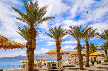 Public beach in Eilat - famous tourist resort and recreational city in Israel and Middle East