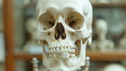 A human skull with a toothbrush placed in its mouth, suggesting a strange and unusual scene