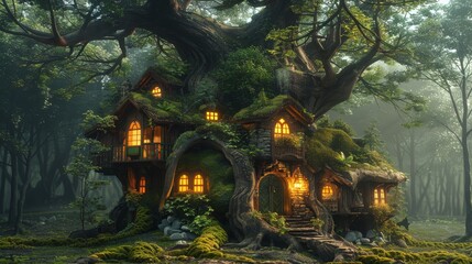 Naklejka premium Cozy Treehouse with Warm Lights in Mystical Forest Setting