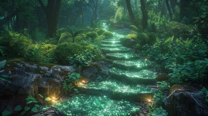 Magical Forest Path with Glowing Green Lights and Dense Greenery at Twilight
