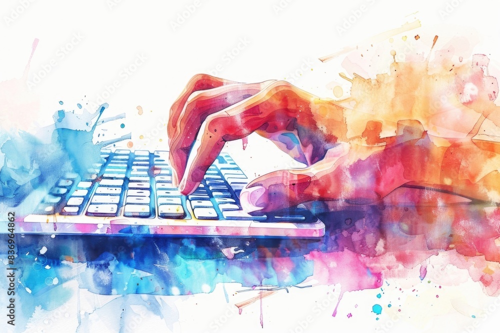 Fototapete a person working on a computer with watercolor artwork in the background