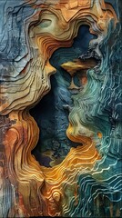 Abstract multicolored geological formation with vibrant orange, blue, and green layers, creating a captivating artistic landscape.