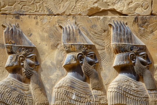 Detailed stone basrelief of persian soldiers from the historic ruins of persepolis
