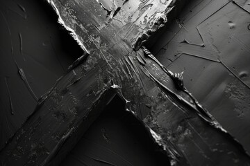 A black and white photograph of a cross on a wall