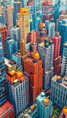 Obraz premium Colorful urban skyline showcasing a dense cluster of tall and vibrant skyscrapers, highlighting the modern architectural beauty of the cityscape.