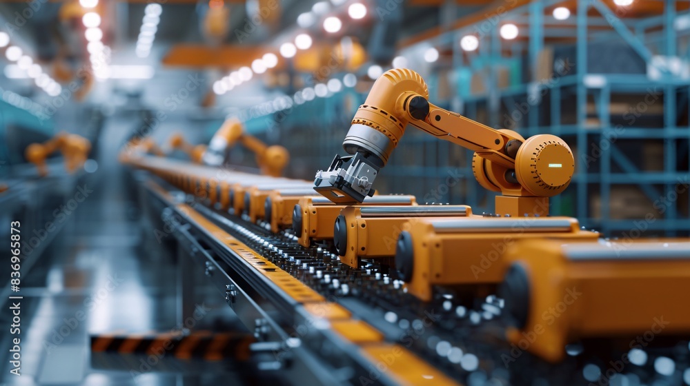Poster automated robotic arm on modern assembly line in high-tech industrial factory with advanced machiner