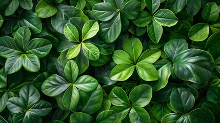 Lush Green Foliage Background with Vibrant Tropical Leaves in Various Shapes and Sizes, Perfect for Nature, Botanical, and Environmental Themes
