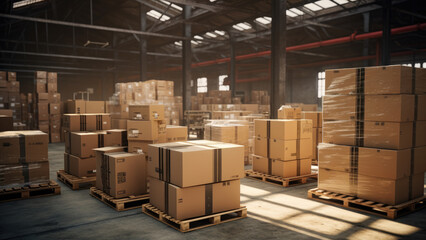 A large warehouse filled with neatly stacked cardboard boxes on wooden pallets, ready for distribution. The natural light highlights the efficiency and organization of modern logistics.

