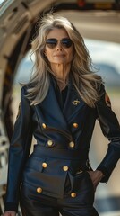 Fototapeta premium A confident woman in her 60s wearing a pilot uniform, standing next to an airplane on a runway. She is an experienced airline pilot. Generative AI.