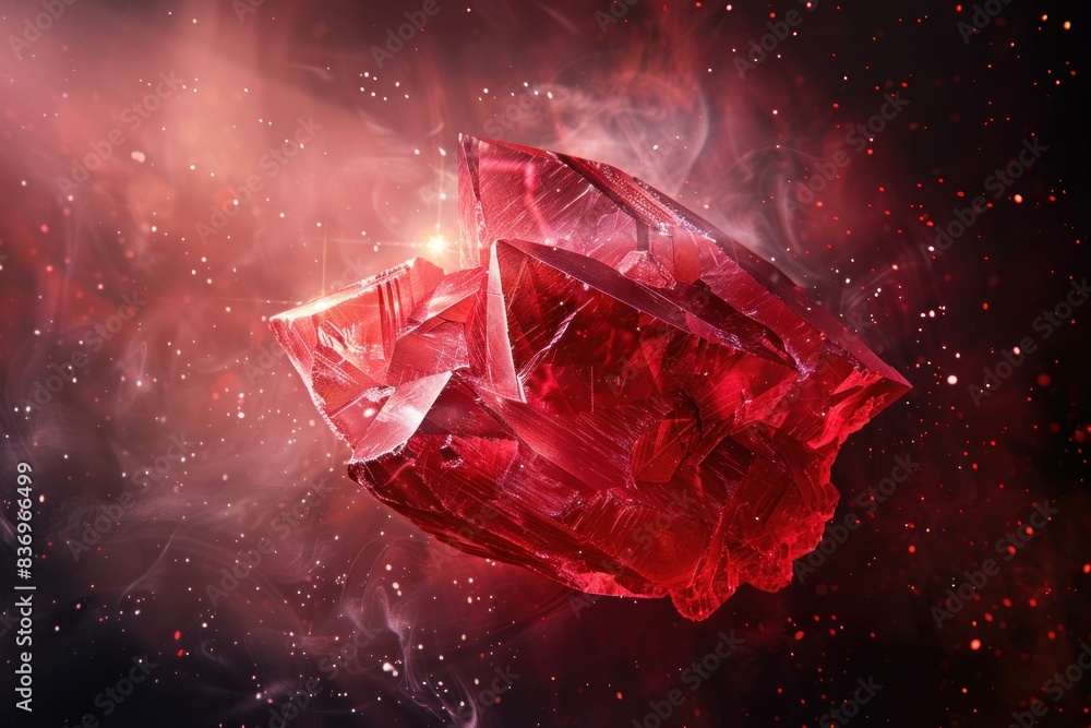 Poster enchanting depiction of a giant red ruby crystal against a sparkling red backdrop