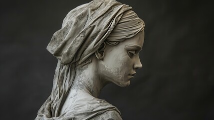 Side profile of a detailed statue of a woman with a headscarf, showcasing intricate craftsmanship against a dark background.