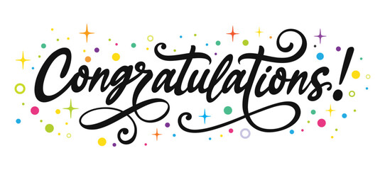Congratulations, modern beautiful card, banner, poster, handwritten lettering text, Celebration confetti background, vector, wishes for graduates, winner, business, success, party, isolated on white