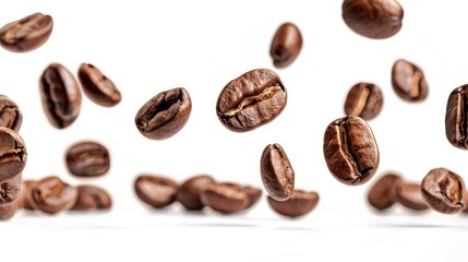 Coffee beans flying isolated on white background