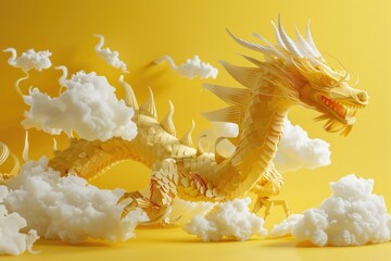 A detailed paper sculpture of a dragon suspended in the clouds, perfect for fantasy or adventure themed projects