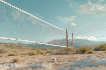 A volleyball ball placed next to a net, suitable for illustrations or editorial content
