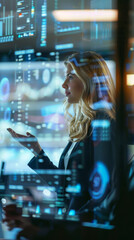 A woman is looking at a computer screen with a lot of numbers and graphs