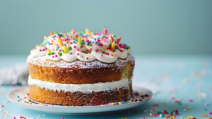 Festive Birthday Cake on Plain Blue Background with Copy Space