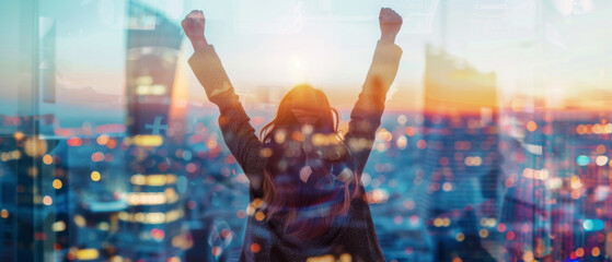 A woman is standing in front of a city skyline, with her arms raised in the air