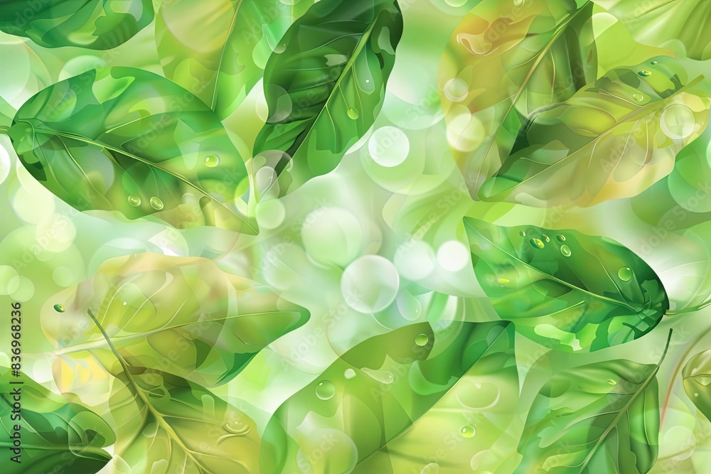 Poster seamless green leaf pattern with light bokeh effects, creating a fresh, vibrant background perfect f
