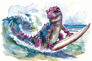 A prehistoric T-Rex catching some waves on a surfboard, a unique and imaginative scene