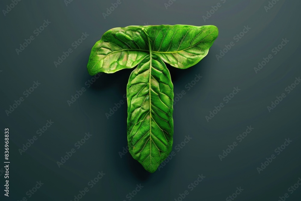 Poster a minimalist design featuring a green leaf shape on a dark background, suitable for use in designs w