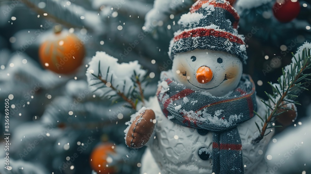 Poster a snowman with a scarf and hat is standing in front of a tree with snow on it. christmas background