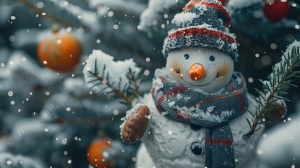 A snowman with a scarf and hat is standing in front of a tree with snow on it. Christmas background