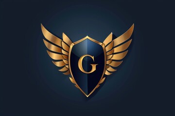 A stylized shield with gold and black elements and wing-like features