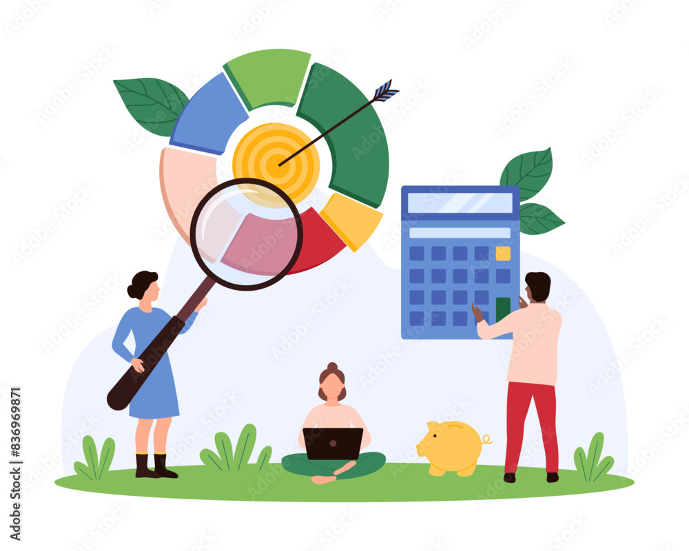 Poster financial analysis, survey review, modern trend and data analytics in pie chart presentation of anal