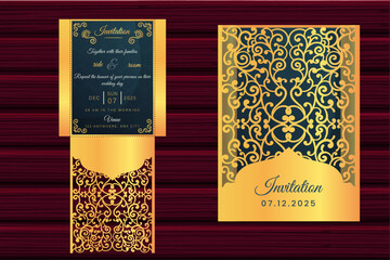 Wedding invitation or greeting card with vintage ornament. Wedding invitation envelope mock-up for laser cutting. Vector illustration. © GraphixTreasure