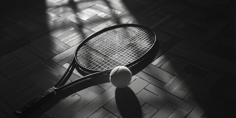 A tennis racket lies on the floor next to a tennis ball