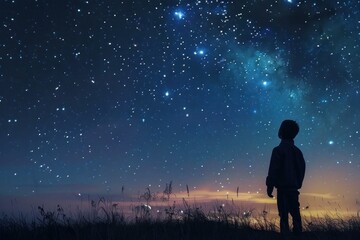 Fototapeta premium Silhouette of a child gazing at the vast cosmos on a clear night amidst nature