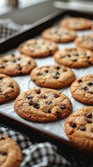 Freshly baked cookies on baking sheet, minimalistic style, white background, homemade dessert
