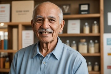Obraz premium Successful senior Latin man with her small business, smiling and looking at the camera, copy space.