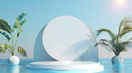 A palm tree is in the water with a white circle in the middle, Generative AI illustrations.