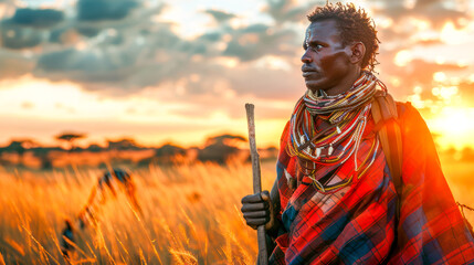 African man stands in a field of tall grass, looking towards the horizon