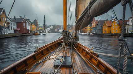 Superbe photo de bateau près d'un port scandinave avec des maisons en couleurs
