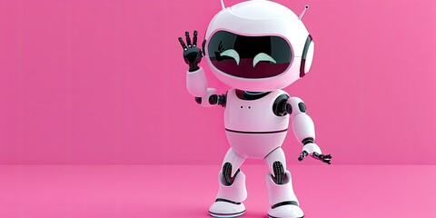 Cute White Robot Waving on Pink Background