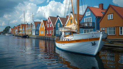 Superbe photo de bateau pr&egrave;s d'un port scandinave avec des maisons en couleurs